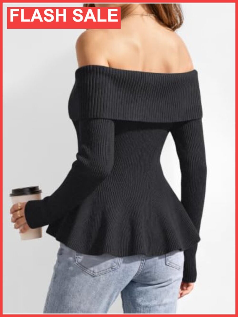 Off Shoulder Babydoll Sweater Ribbed Knit Fall Pullover - Picture 3 of 5